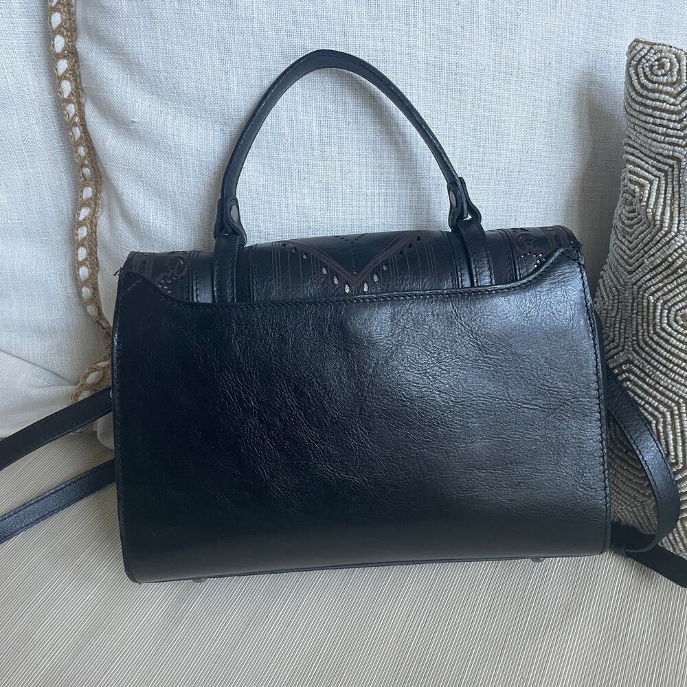Patricia Nash Stintino Tooled Black Leather Saddle Satchel | Crossbody Turn-lock - Picture 5 of 9